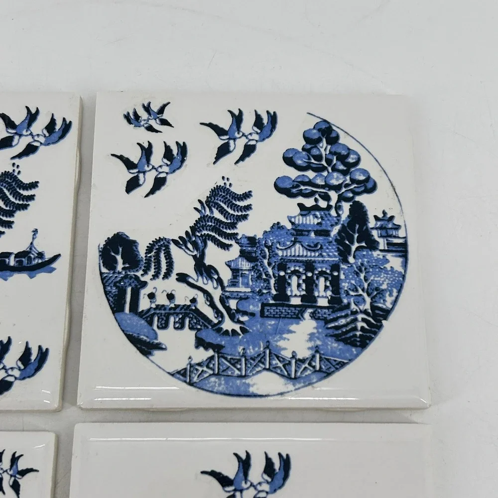 Vintage Blue Willow Ceramic Tiles Set of 4 Pagoda Scene Blue White 4.25 Inch